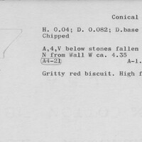 Index card with typed and handwritten information, sometimes including a sketch, of pottery from an excavation.