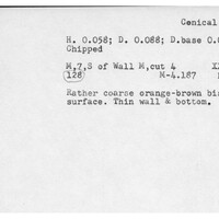Index card with typed and handwritten information, sometimes including a sketch, of pottery from an excavation.