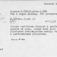 Index card with typed and handwritten information, sometimes including a sketch, of pottery from an excavation.
