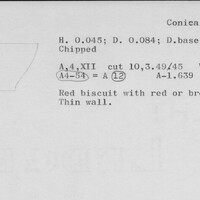 Index card with typed and handwritten information, sometimes including a sketch, of pottery from an excavation.