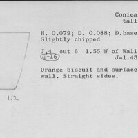 Index card with typed and handwritten information, sometimes including a sketch, of pottery from an excavation.