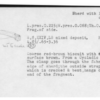 Index card with typed and handwritten information, sometimes including a sketch, of pottery from an excavation.