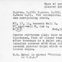 Index card with typed and handwritten information, sometimes including a sketch, of pottery from an excavation.