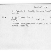 Index card with typed and handwritten information, sometimes including a sketch, of pottery from an excavation.