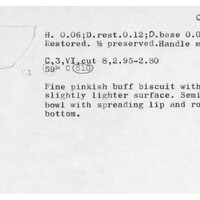 Index card with typed and handwritten information, sometimes including a sketch, of pottery from an excavation.