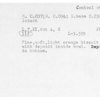 Index card with typed and handwritten information, sometimes including a sketch, of pottery from an excavation.