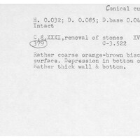 Index card with typed and handwritten information, sometimes including a sketch, of pottery from an excavation.