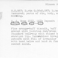 Index card with typed and handwritten information, sometimes including a sketch, of pottery from an excavation.