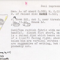 Index card with typed and handwritten information, sometimes including a sketch, of pottery from an excavation.