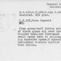 Index card with typed and handwritten information, sometimes including a sketch, of pottery from an excavation.