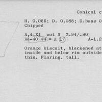Index card with typed and handwritten information, sometimes including a sketch, of pottery from an excavation.