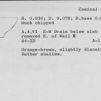 Index card with typed and handwritten information, sometimes including a sketch, of pottery from an excavation.