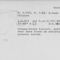 Index card with typed and handwritten information, sometimes including a sketch, of pottery from an excavation.