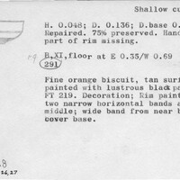 Index card with typed and handwritten information, sometimes including a sketch, of pottery from an excavation.