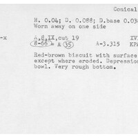 Index card with typed and handwritten information, sometimes including a sketch, of pottery from an excavation.