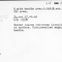 Index card with typed and handwritten information, sometimes including a sketch, of pottery from an excavation.