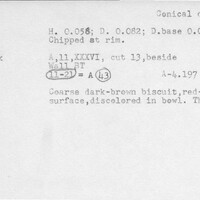 Index card with typed and handwritten information, sometimes including a sketch, of pottery from an excavation.