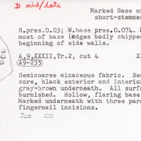 Index card with typed and handwritten information, sometimes including a sketch, of pottery from an excavation.