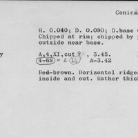 Index card with typed and handwritten information, sometimes including a sketch, of pottery from an excavation.
