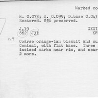 Index card with typed and handwritten information, sometimes including a sketch, of pottery from an excavation.