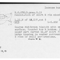 Index card with typed and handwritten information, sometimes including a sketch, of pottery from an excavation.