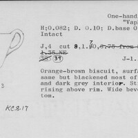 Index card with typed and handwritten information, sometimes including a sketch, of pottery from an excavation.