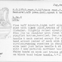 Index card with typed and handwritten information, sometimes including a sketch, of pottery from an excavation.
