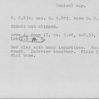 Index card with typed and handwritten information, sometimes including a sketch, of pottery from an excavation.