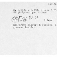 Index card with typed and handwritten information, sometimes including a sketch, of pottery from an excavation.