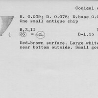 Index card with typed and handwritten information, sometimes including a sketch, of pottery from an excavation.