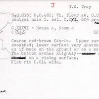 Index card with typed and handwritten information, sometimes including a sketch, of pottery from an excavation.