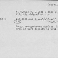 Index card with typed and handwritten information, sometimes including a sketch, of pottery from an excavation.
