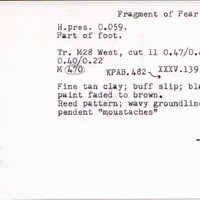 Index card with typed and handwritten information, sometimes including a sketch, of pottery from an excavation.