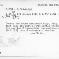 Index card with typed and handwritten information, sometimes including a sketch, of pottery from an excavation.
