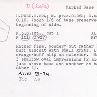 Index card with typed and handwritten information, sometimes including a sketch, of pottery from an excavation.