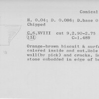 Index card with typed and handwritten information, sometimes including a sketch, of pottery from an excavation.