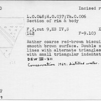 Index card with typed and handwritten information, sometimes including a sketch, of pottery from an excavation.