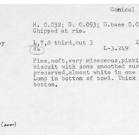 Index card with typed and handwritten information, sometimes including a sketch, of pottery from an excavation.