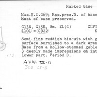 Index card with typed and handwritten information, sometimes including a sketch, of pottery from an excavation.