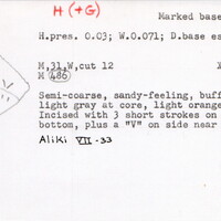 Index card with typed and handwritten information, sometimes including a sketch, of pottery from an excavation.