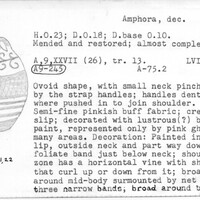 Index card with typed and handwritten information, sometimes including a sketch, of pottery from an excavation.