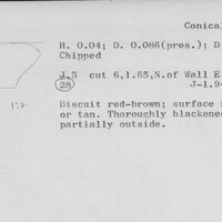 Index card with typed and handwritten information, sometimes including a sketch, of pottery from an excavation.