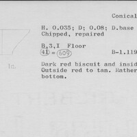Index card with typed and handwritten information, sometimes including a sketch, of pottery from an excavation.