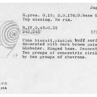 Index card with typed and handwritten information, sometimes including a sketch, of pottery from an excavation.