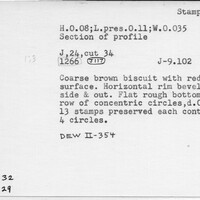Index card with typed and handwritten information, sometimes including a sketch, of pottery from an excavation.