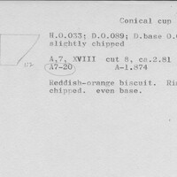 Index card with typed and handwritten information, sometimes including a sketch, of pottery from an excavation.