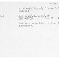 Index card with typed and handwritten information, sometimes including a sketch, of pottery from an excavation.