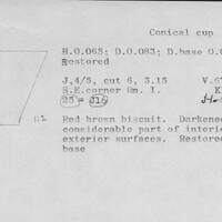 Index card with typed and handwritten information, sometimes including a sketch, of pottery from an excavation.