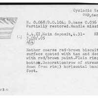 Index card with typed and handwritten information, sometimes including a sketch, of pottery from an excavation.