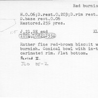 Index card with typed and handwritten information, sometimes including a sketch, of pottery from an excavation.